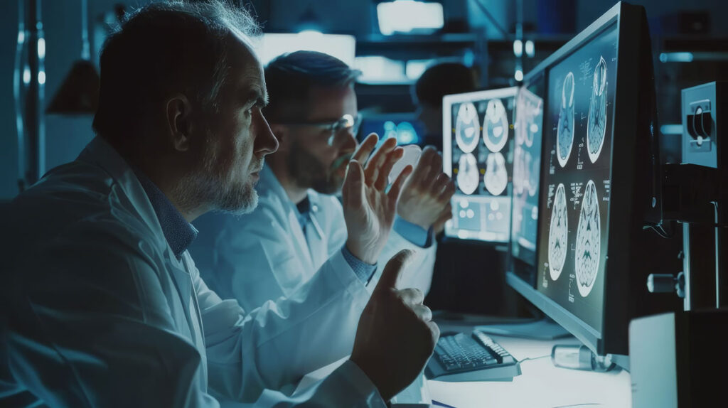 Two Neurosurgeon reviewing the brain scan xray